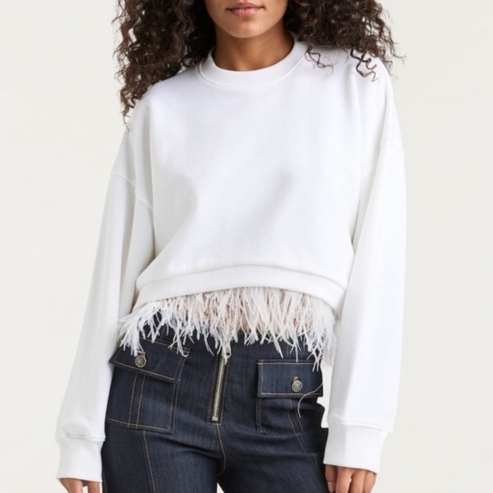 cinq a sept White Feather-Trim Crewneck Sweater
